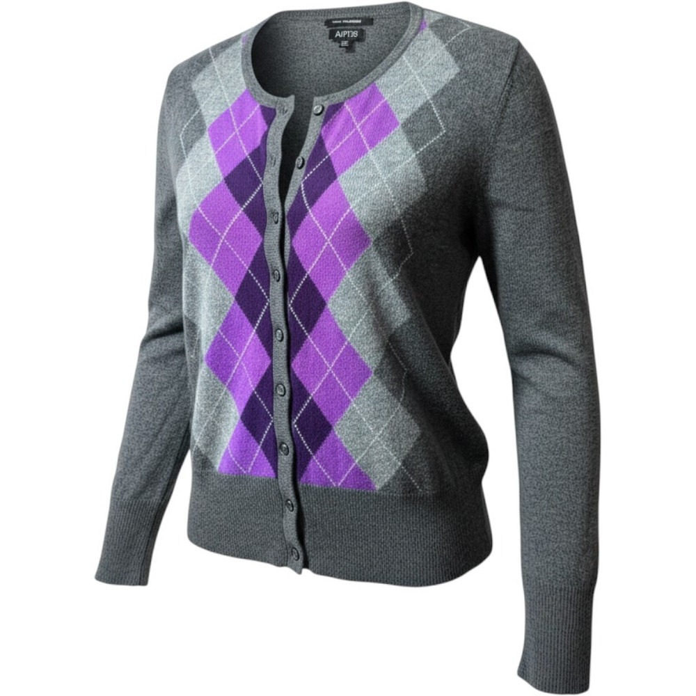 Apt. 9 Cardigan Womens XL Gray Purple Argyle 100% Cashmere Preppy Academic